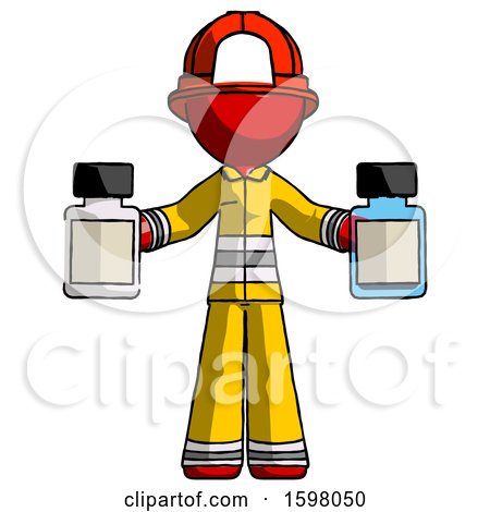 Red Firefighter Fireman Man Holding Two Medicine Bottles by Leo Blanchette