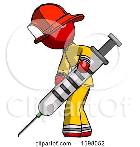 Red Firefighter Fireman Man Using Syringe Giving Injection by Leo Blanchette