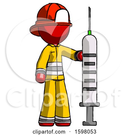 Red Firefighter Fireman Man Holding Large Syringe by Leo Blanchette