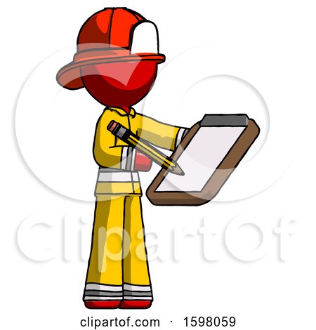Red Firefighter Fireman Man Using Clipboard and Pencil by Leo Blanchette