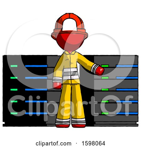 Red Firefighter Fireman Man with Server Racks, in Front of Two Networked Systems by Leo Blanchette