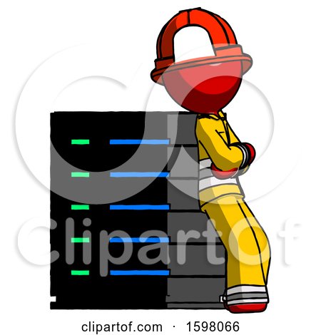 Red Firefighter Fireman Man Resting Against Server Rack Viewed at Angle by Leo Blanchette