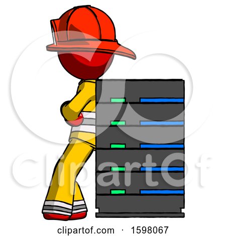 Red Firefighter Fireman Man Resting Against Server Rack by Leo Blanchette
