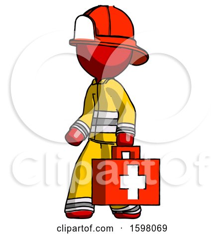 Red Firefighter Fireman Man Walking with Medical Aid Briefcase to Left by Leo Blanchette