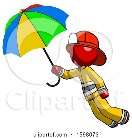 Red Firefighter Fireman Man Flying with Rainbow Colored Umbrella by Leo Blanchette