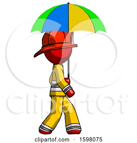 Red Firefighter Fireman Man Walking with Colored Umbrella by Leo Blanchette