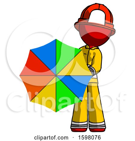 Red Firefighter Fireman Man Holding Rainbow Umbrella out to Viewer by Leo Blanchette