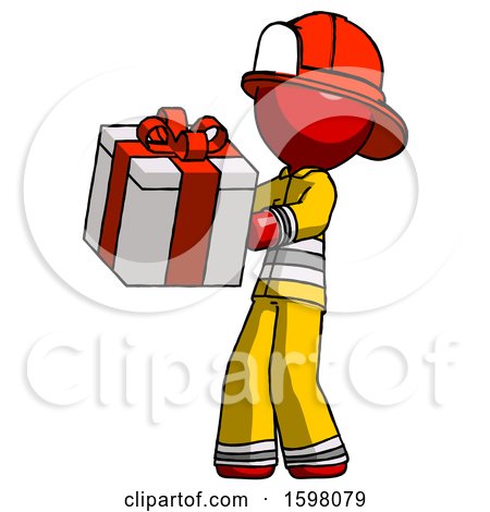 Red Firefighter Fireman Man Presenting a Present with Large Red Bow on It by Leo Blanchette