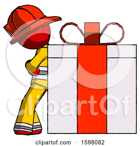 Red Firefighter Fireman Man Gift Concept - Leaning Against Large Present by Leo Blanchette