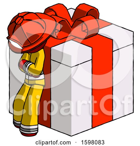 Red Firefighter Fireman Man Leaning on Gift with Red Bow Angle View by Leo Blanchette