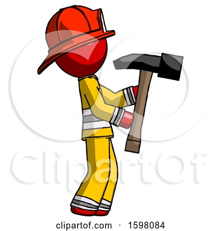 Red Firefighter Fireman Man Hammering Something on the Right by Leo Blanchette