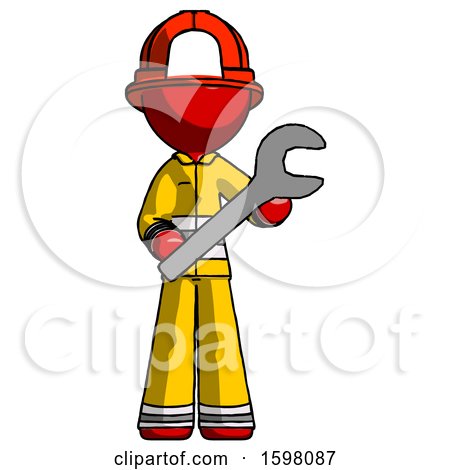 Red Firefighter Fireman Man Holding Large Wrench with Both Hands by Leo Blanchette