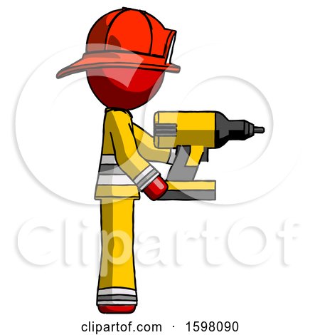 Red Firefighter Fireman Man Using Drill Drilling Something on Right Side by Leo Blanchette