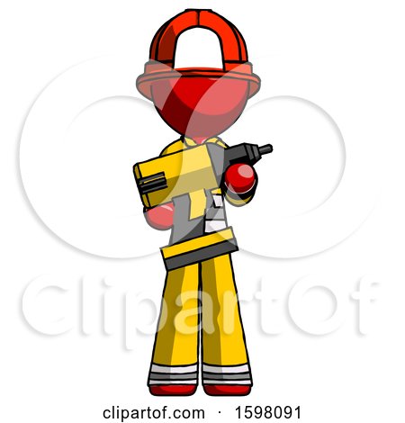 Red Firefighter Fireman Man Holding Large Drill by Leo Blanchette