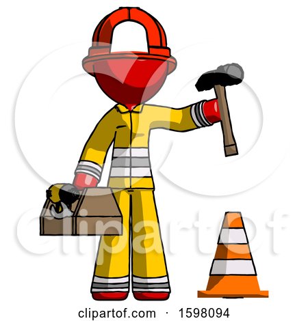 Red Firefighter Fireman Man Under Construction Concept, Traffic Cone and Tools by Leo Blanchette