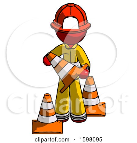 Red Firefighter Fireman Man Holding a Traffic Cone by Leo Blanchette