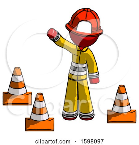Red Firefighter Fireman Man Standing by Traffic Cones Waving by Leo Blanchette