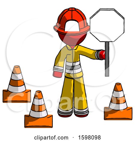 Red Firefighter Fireman Man Holding Stop Sign by Traffic Cones Under Construction Concept by Leo Blanchette