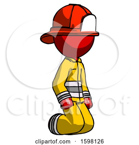 Red Firefighter Fireman Man Kneeling Angle View Right by Leo Blanchette