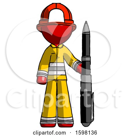 Red Firefighter Fireman Man Holding Large Pen by Leo Blanchette