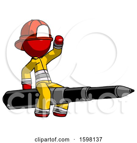 Red Firefighter Fireman Man Riding a Pen like a Giant Rocket by Leo Blanchette