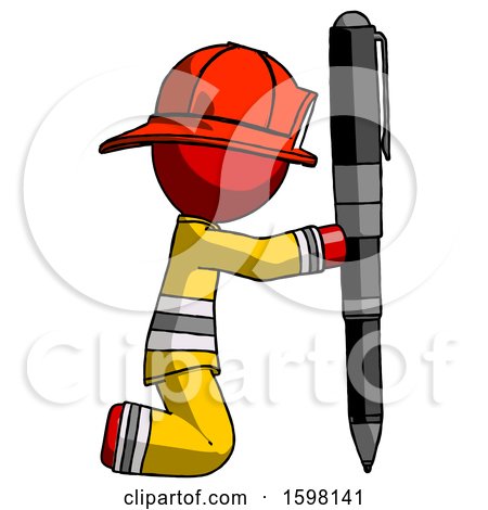 Red Firefighter Fireman Man Posing with Giant Pen in Powerful yet Awkward Manner. by Leo Blanchette