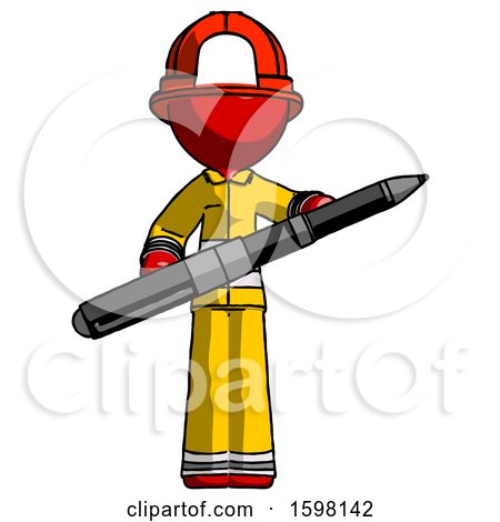 Red Firefighter Fireman Man Posing Confidently with Giant Pen by Leo Blanchette
