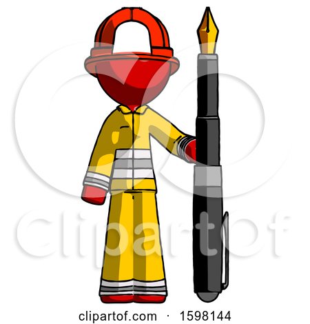 Red Firefighter Fireman Man Holding Giant Calligraphy Pen by Leo Blanchette
