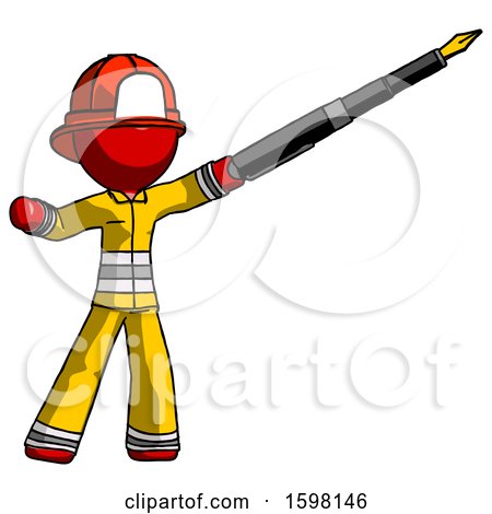 Red Firefighter Fireman Man Pen Is Mightier Than the Sword Calligraphy Pose by Leo Blanchette