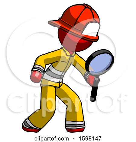 Red Firefighter Fireman Man Inspecting with Large Magnifying Glass Right by Leo Blanchette