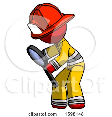 Red Firefighter Fireman Man Inspecting with Large Magnifying Glass Left by Leo Blanchette