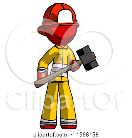 Red Firefighter Fireman Man with Sledgehammer Standing Ready to Work or Defend by Leo Blanchette