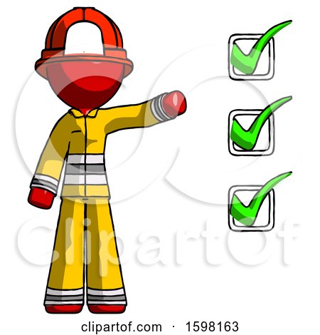 Red Firefighter Fireman Man Standing by List of Checkmarks by Leo Blanchette