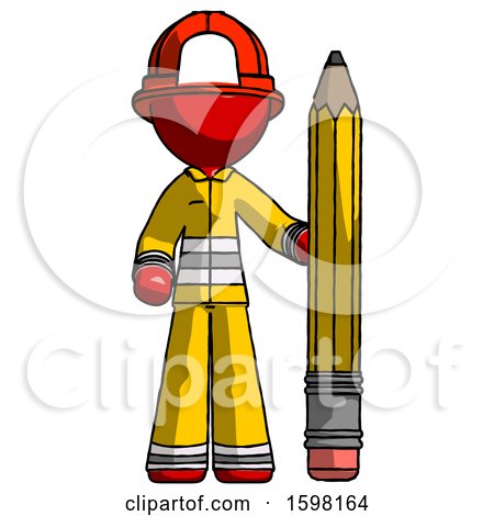 Red Firefighter Fireman Man with Large Pencil Standing Ready to Write by Leo Blanchette
