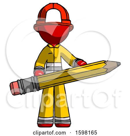 Red Firefighter Fireman Man Writer or Blogger Holding Large Pencil by Leo Blanchette