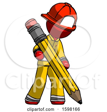 Red Firefighter Fireman Man Writing with Large Pencil by Leo Blanchette