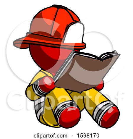 Red Firefighter Fireman Man Reading Book While Sitting down by Leo Blanchette