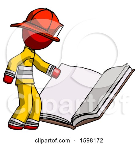 Red Firefighter Fireman Man Reading Big Book While Standing Beside It by Leo Blanchette