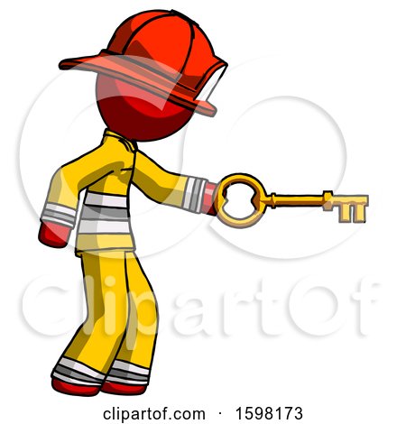 Red Firefighter Fireman Man with Big Key of Gold Opening Something by Leo Blanchette