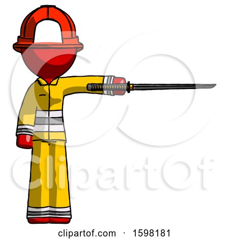 Red Firefighter Fireman Man Standing with Ninja Sword Katana Pointing Right by Leo Blanchette