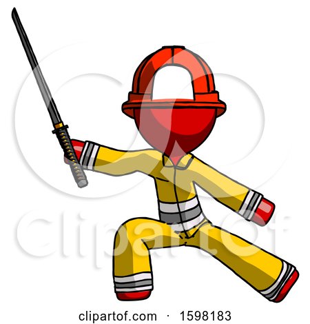 Red Firefighter Fireman Man with Ninja Sword Katana in Defense Pose by Leo Blanchette