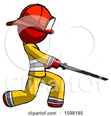 Red Firefighter Fireman Man with Ninja Sword Katana Slicing or Striking Something by Leo Blanchette