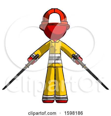 Red Firefighter Fireman Man Posing with Two Ninja Sword Katanas by Leo Blanchette