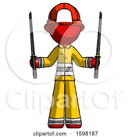 Red Firefighter Fireman Man Posing with Two Ninja Sword Katanas up by Leo Blanchette