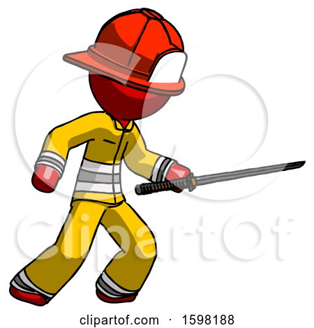 Red Firefighter Fireman Man Stabbing with Ninja Sword Katana by Leo Blanchette