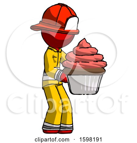 Red Firefighter Fireman Man Holding Large Cupcake Ready to Eat or Serve by Leo Blanchette