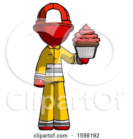 Red Firefighter Fireman Man Presenting Pink Cupcake to Viewer by Leo Blanchette