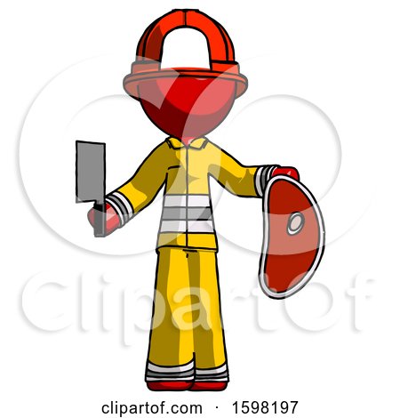 Red Firefighter Fireman Man Holding Large Steak with Butcher Knife by Leo Blanchette