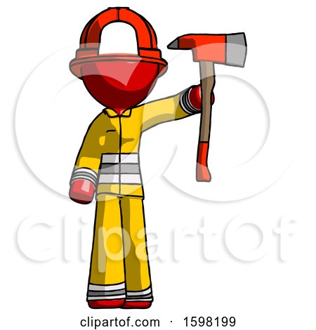 Red Firefighter Fireman Man Holding up Red Firefighter's Ax by Leo Blanchette