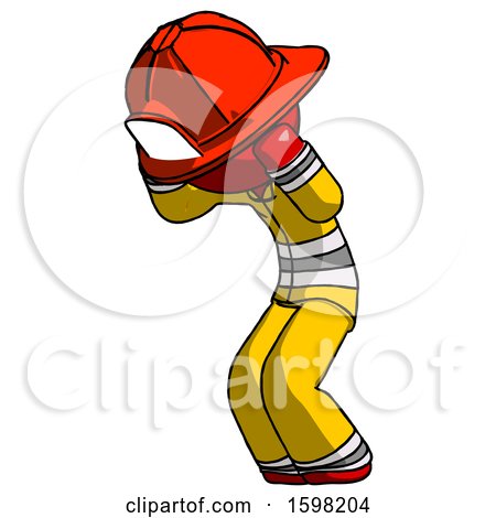 Red Firefighter Fireman Man with Headache or Covering Ears Turned to His Left by Leo Blanchette
